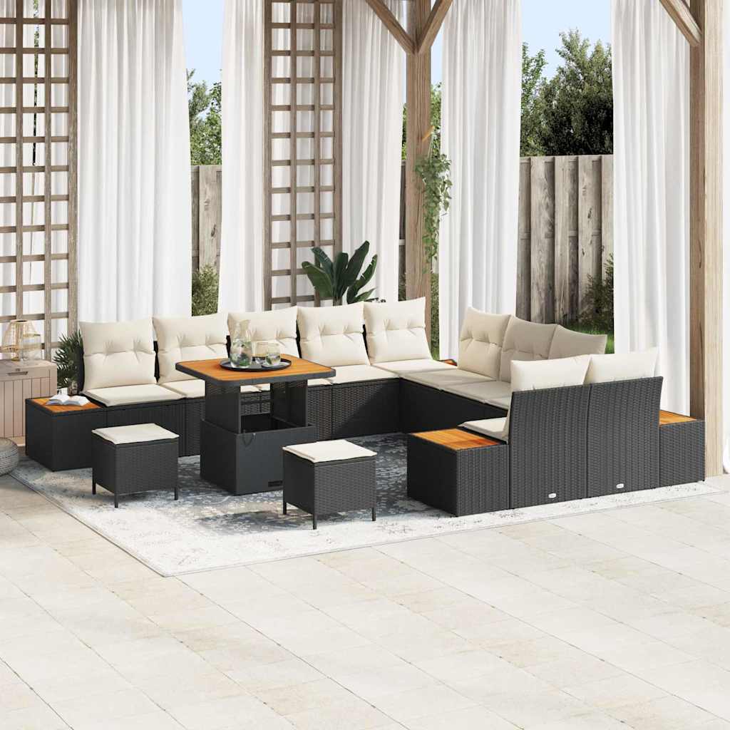 Garten-Sofa-Set mit Kissen mit Speicher Schwarz Poly Rattan